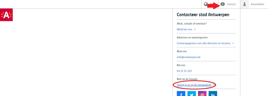Screenshot van website met pijl naar contactknop rechtsboven en cirkel rond de woorden schrijf je in op de nieuwsbrief Screenshot van website met pijl naar contactknop rechtsboven en cirkel rond de woorden schrijf je in op de nieuwsbrief
